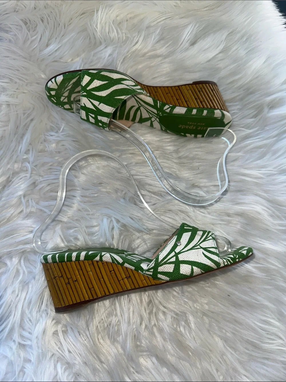 Kate Spade Meena Canvas Green Leaf Print Wedge Sandals